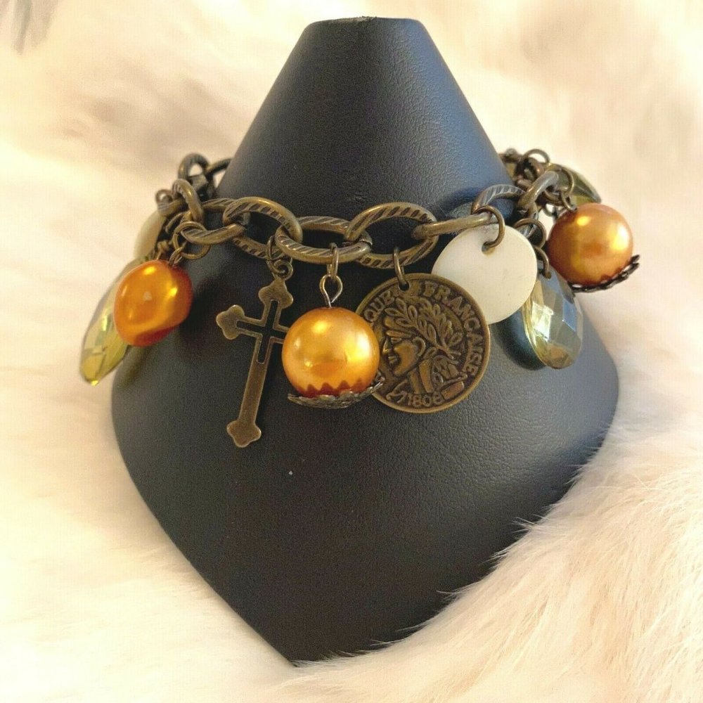 Vintage Republique Francaise Coin Renaissance Cross Bracelet Charm Dangle 7396